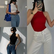 Moda Camisetas sin mangas con hombros descubiertos Mujeres Chaleco Cuello alto Tejido Sexy Look