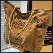 Bolso de Mano de Lona Estampado Winnie the Pooh Bolso de Hombro Retro Gran Capacidad Multi
