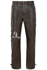 Pantalón de cuero real para hombre negro bronce 100 % cuero de vaca con cordones estilo motociclista 00126