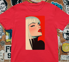 Camiseta Mujer Arte Pop - Camiseta Gráfica Niña Rubia Retro, Fondo Rojo Moda