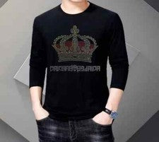 Nueva Camiseta Larga Hombre Lujo Corona Estrás Moda Diamante Negra Alta Calidad