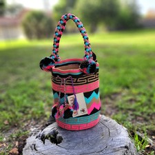 Bolso Wayuu Grande Hecho a Mano COLOMBIANO Brillante Pom Pom Boho Mochila Estilo Tribal