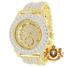 Reloj Bling de Lujo Totalmente Personalizado Para Hombre Bisel Solitario Banda 9 Filas Tono Dorado 47mm