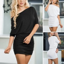 Vestido de moda ajuste estrecho media manga sin hombros mini talla grande plisado sexo