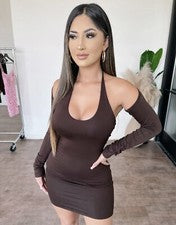 Moda Boutique Para Mujer Marrón 2 Piezas Bolero Y Mini Vestido Conjunto Talla Pequeña