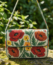 Bolso de Hombro Hecho a Mano Floral Cuentas Rojo Amapola Verano Primavera Flor Semilla Cuentas