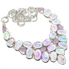 Collar de joyería hecha a mano triplete de ópalo de fuego, piedras preciosas de jade rosa 18"