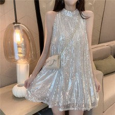 Moda Mujer Lentejuelas Brillante Línea A Vestido Suelto Solero Fiesta Ropa de club nocturno Vestido