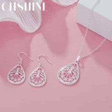 Conjunto de joyería colgante collar pendiente plata esterlina 925 patrón gota de agua