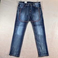 Pantalones de mezclilla ajustados azules SP Essentials para hombre 34x30 detalle de puntada roja estilo informal