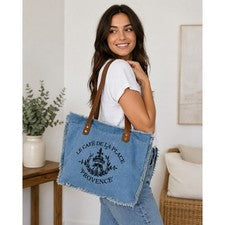 Bolso de Mano de Lona para Mujer Azul Estilo Mercado Francés Nuevo con Etiquetas Viaje a la Playa