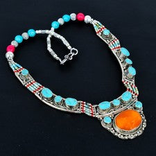 Collar Nepalí Tibetano Plata de Ley 925 Étnico Turquesa Coral Amarillo 18" M5