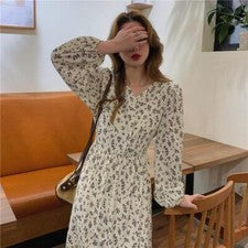 Vestido para mujer francés vintage de moda floral suelto ajustado manga larga cuello en V