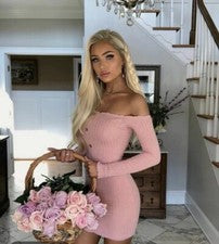 MODA NOVA Mujer Rosa Fuera del Hombro Manga Larga Mini Vestido
