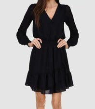 Vestido para mujer Michael Kors negro con ribete en V y volantes línea A $140 talla M/L