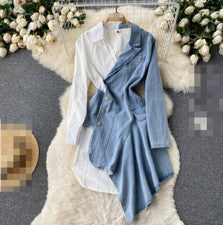 Mujer Irregular Denim Informal Costuras Manga Larga Camisa Vestido Moda Blusa