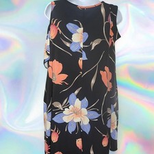 Vestido floral mts vintage negro y azul y naranja, mangas drapeadas para mujer mediano