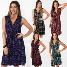 Vestido Mujer Corto Ancho Vuelo Estampado Cuello Pico Sin Mangas Barato Moda