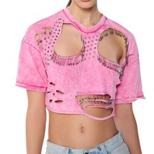 Verano Para Mujer Personalizada Moda Cuello Redondo Prendedor Roto Corto Calce Ajustado Camiseta