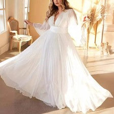Mujeres Moda Elegante Vestido Cuello en V Plisado Maxi Vestidos Calce Ajustado Manga Larga
