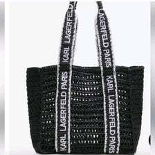 $198 KARL LAGERFELD Antibes Tejido de Paja Logo Correa Bolso de Hombro Cartera Negro