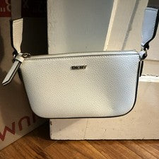 Bolso Bandolera DKNY Blanco Cuero Guijarro Gris Correa Cremallera Acento Para Mujer