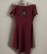Nuevo con etiquetas Vestido Sarin Mathews Mujer S Borgoña Ajuste Acampanado Cuello Barco Alto Bajo Cremallera Lateral