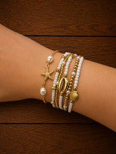 Conjunto de pulsera Boho Beach Charm dorado blanco con cuentas imitación estrella de mar concha perla