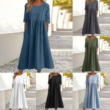 Vestido de mujer manga corta algodón lino ajuste holgado cuello redondo bolso plisado