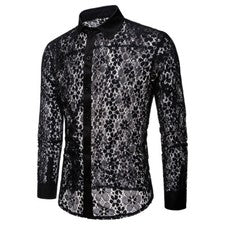 Sexy Camisa de Manga Larga para Hombres de Encaje Hueco Moda Club Nocturno Ropa de Escenario