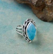 Anillo de piedras preciosas naturales Larimar plata esterlina 925 maciza hecho a mano bonito anillo MK*