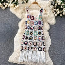 Vestido midi de ganchillo para mujer línea A cuello redondo negro/blanco/albaricoque