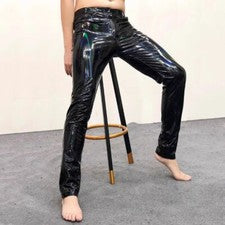 Hombres Negros Imitación Cuero Pantalones Sexy Mojado Look Leggings Pantalones Ajustados Moda