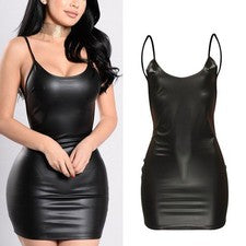 Moda Elegante Vestido Mujer Vestido Con Espalda Abierta Sexy Cuero PU Negro