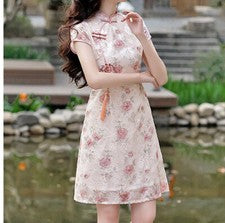 Mujer Manga Corta Gasa Cheongsam Qipao Midi Rosa Floral Jacquard Rana Botones