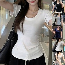 Verano mujer monocromo cuello en U estrecho manga corta camiseta moda ropa casual