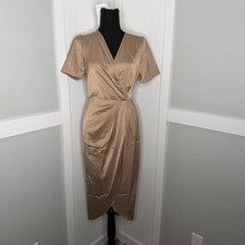 Vestido midi Yes Fashion para mujer pequeño beige satinado imitación envoltura cintura elástica NUEVO