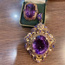 Nuevo Enorme Anillo Colgante Collar Mujer Clásico Esmalte Italiano Piedras Preciosas Amatista