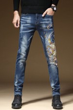 Pantalones de mezclilla ajustados elásticos ajustados de moda bordados dragón para hombre