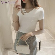 Camiseta Top Mujer Manga Corta Versión Coreana Nueva Cómoda Versátil Cuello en V