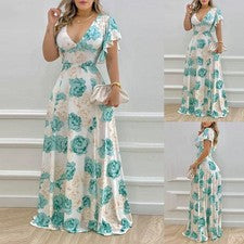 Vestido de mujer de moda caliente estampado floral vestido de verano vacaciones diarias cuello en V