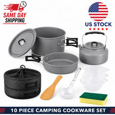 Juego de 10 piezas de utensilios de cocina para camping olla sartén hervidor de agua mochilero senderismo kit de cocina 