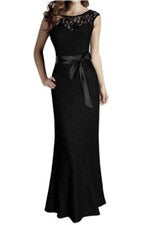 Vestido largo de encaje negro de diseñador Miusol para mujer cinta en la cintura talla S ajustado liso