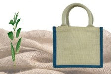Bolsa de yute - Pequeña - con borde de color azul/rosa/natural - Bolsa de almuerzo/regalo