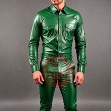 Conjunto de vestido causal estilo bolsillo pantalón y camisa de cuero verde piel de cordero genuina para hombre