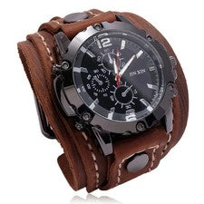 Reloj de Cuero Ancho Brazalete Pulsera Marrón Correa Negra Punk Retro Cuarzo Para Hombres Nuevo