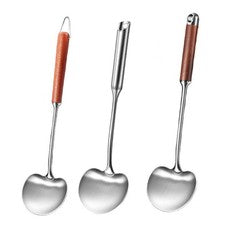 Cuchara de cocina de acero inoxidable con orificio para colgar y mango de madera para cocina