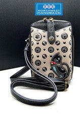 BOLSO BANDOLERA NEGRO CON ESTAMPADO DE PATAS DE GATO GRIS CÁLIDO PROTECCIÓN RFID CHALA