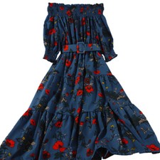 Vestido midi retro con flores sin tirantes volantes mangas abullonadas cinturón rojo azul talla única