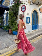 Maxivestido sin mangas para mujer en rosa cálido con dobladillo con volantes